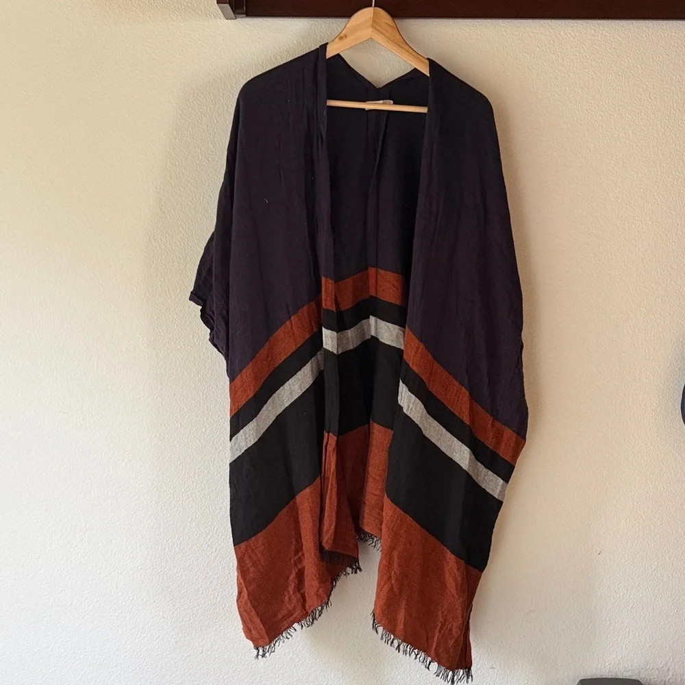 LOFT Navy, Rust & Gray Striped Open-Front Shawl Poncho Wrap, One Size